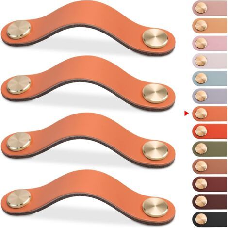 Set Mit 4 Schranktürgriffen Aus Messing Und Orangefarbenem Leder, Länge 130 Mm, Mit Schrauben, Geeignet Für Kleiderschränke Und Küchen