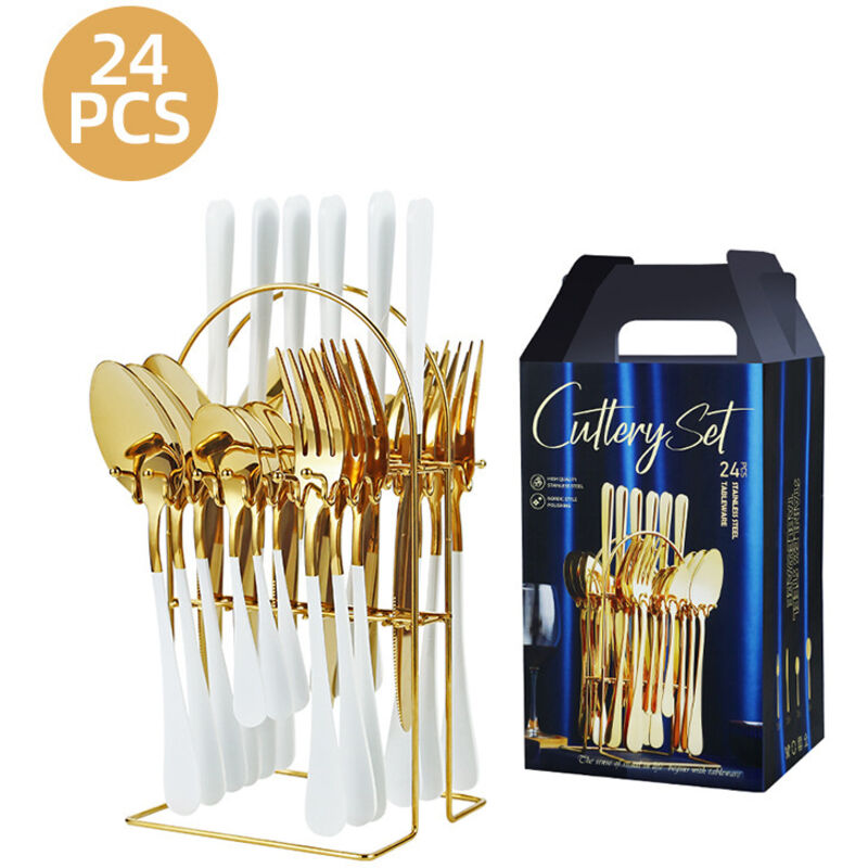 24-teiliges Besteckset Aus Edelstahl, Inklusive Ständer, Hochglanzpoliert, Für 6 Personen, Spülmaschinenfest, Weiß Und Gold