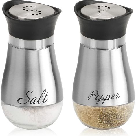 Ensemble Aus 2 Salières Und Poivrières Aus Rostfreiem Stahl Und Glas, Empfänger Von Epen Mit Etikette, Silber.