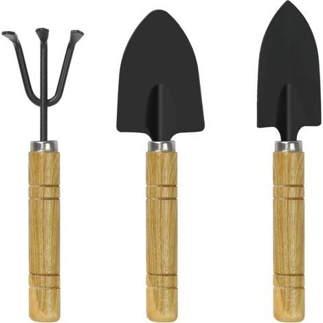 Set Mit 3 Mini-gartengeräten Mit Holz- Und Eisengriff – Schwarz