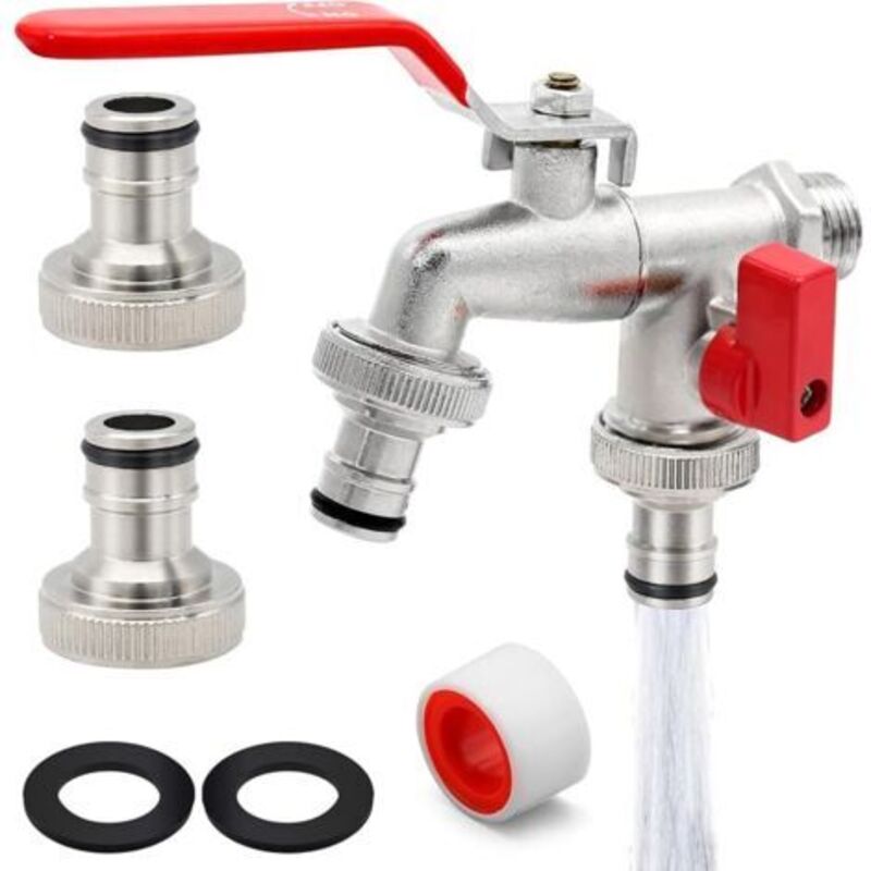 G6354 Premium-gartenwasserhahn Mit Doppeltem Auslauf, 1/2" - 3/4" Bürste, Messing, Silber