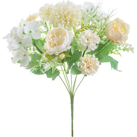 Künstliche Fleurs, 2 Bouquets De Pivoines Artificielles En Soie, Hortensien, Œillets Et Marguerites En Plastique (blancs)