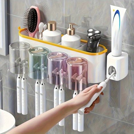 Porte-brosses À Dents Wall À Easy Install (avec Gobelet De Rinçage) – Organizer De Salle De Bain Sans Perçage Et Take The Place