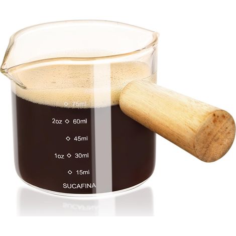 Espresso-messglas, Doppelauslauf-messbecher, Espresso-zubehör Aus Transparentem Glas, Mit Holzgriff Und Ausgießern, Geeignet Für Espresso, Milch, Milchschaum Usw. (75 Ml)