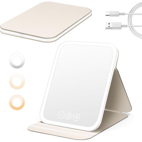 Miroir De Maquillage Lumineux, Tragbar, Wiederaufladbar, Biegsam, 3 Farben, Einstellbare Leuchtkraft, Speicherfunktion