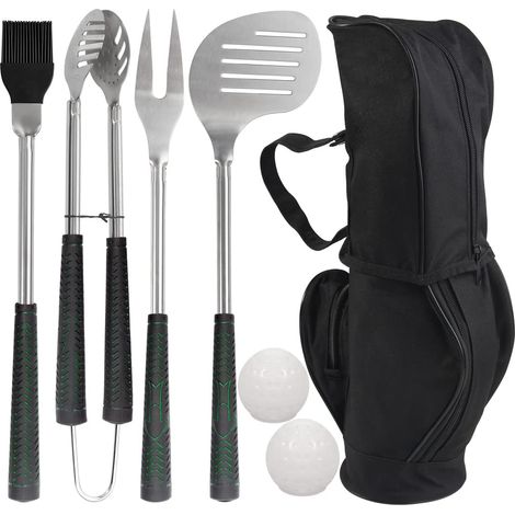 Set Aus 7 Grillutensilien Zum Thema Golf – Grillzubehör Aus Rostfreiem Edelstahl Mit Kautschuk-stäben, Set Mit Grillutensilien Für Den Außengrill, Schwarz