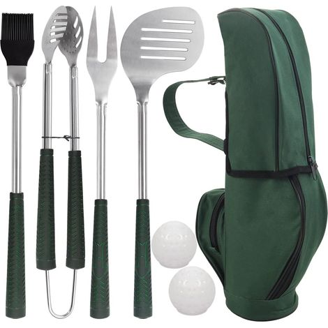 Set Aus 7 Grillutensilien Zum Thema Golf - Grillzubehör Aus Rostfreiem Edelstahl Mit Kautschuk-stäben, Kit D'Ustensiles De Barbecue D'Extérieur Haut De Gamme (vert)