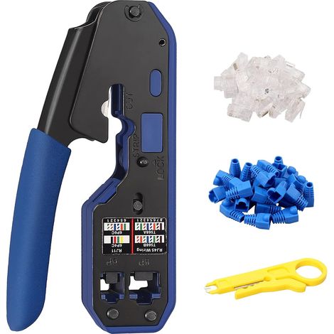 Proster Rj45 Cat5 Cat5e Cat6 Cat6a Rj-11, 6p/rj-12, 8p/rj-45 Crimpzange Mit 50 Anschlüssen, 50 Kappen, 1 Abisolierer Und Kabelschuhen Für Netzwerkkabel
