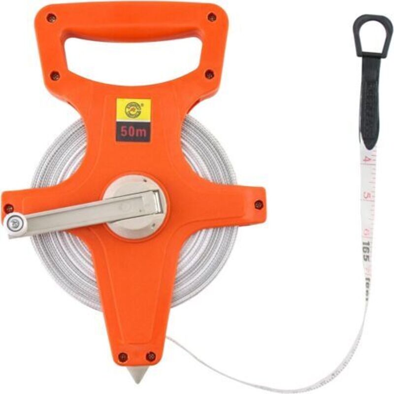 50 Meter Ausziehbares Maßband Mit Ergonomischem Griff, Rotem Kunststoffrahmen, Kurbelmaßband, Freistehend.