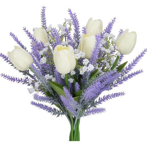 Blumenstrauß Aus Künstlichen Veilchen Und Kunstplastik Mit Weißen Tulpen, Komposition Floraler Drucke