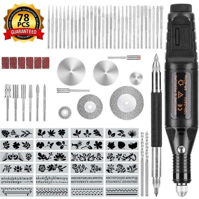Gravurwerkzeug Mit 78 Teilen, Elektrischer Gravierstift Auf Metall, Elektrischer Holzgravur Mit Schreiber, 52 Bits Und 24 Stiften, Gravierwerkzeug Für Glasschmuck Aus Metall