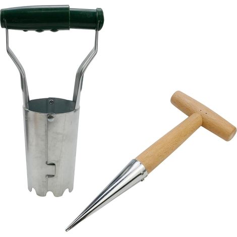 + 1 Blumenzwiebelpflanzgefäß Mit Tiefenmarkierung Und Gartengerät Mit T-griff, Ideal Zum Umpflanzen Und Ausgraben Von Blumenzwiebeln, Silber Und Grün -