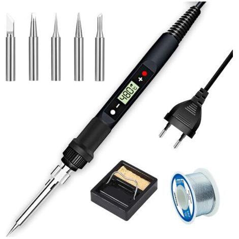 60-w-lötkolben-set, Elektrisch Einstellbare Temperatur 200–450 ℃ Mit Ein/aus-schalter, 5 Lötspitzen, Lötdraht, Lötstation, Pinzette (schwarz)