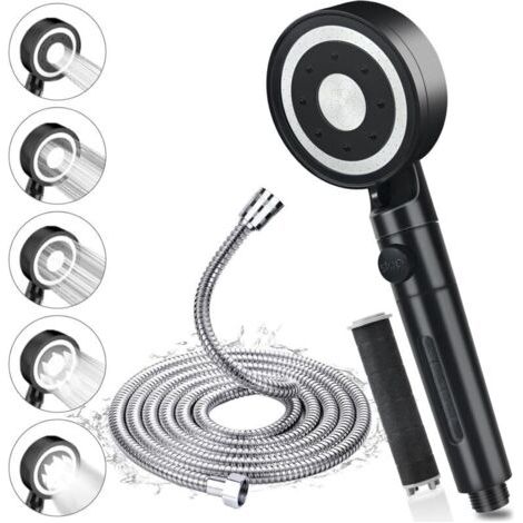 5 Modi Noir Pommeau De Douche Haute Pression, Pommeau De Douche Mit Tuyau 1,5 M Und Acier Inoxydable 304, Pommeau Douche Économie D'Eau Anti Calcaire, Douchette Douche Filtrant Mit Jet, Chrom