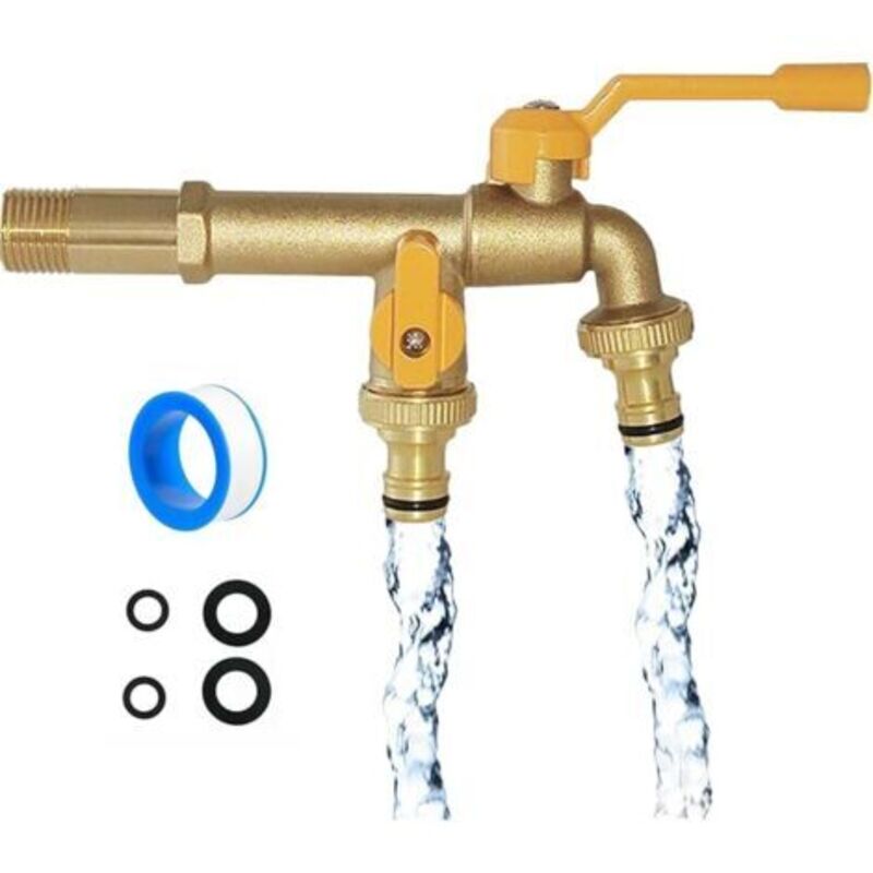 Robinet Exterieur Jardin À Double Sortie, Répartiteur De Tuyau En Laiton Inoxydable 2 Voies Avec Entrée 1/2 Und 2 Sorties 3/4 Pouces, Kit De Robinet Exterieur For Jardin, Maison, Industrie