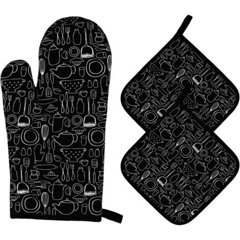 Ofenhandschuhe Und Topflappen, Hitzebeständige Küchenofenhandschuhe, Ecotton-kochhandschuhe Mit Langen Handgelenken Zum Grillen, Kochen, Backen, Mikrowelle, 3 Stück (schwarz)