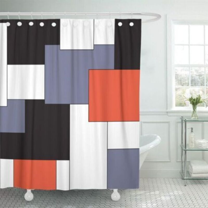 Rideau De Douche Imperméable, Tissu Ondulé Rayures Verticales Rouge Noir Blanc 72x72 Pouces