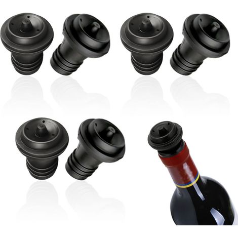 Lot Von 6 Bouchons Réutilisables Silikon Pour Bouteilles Vin Et Champagne, Conservation Fraîcheur, Noir.