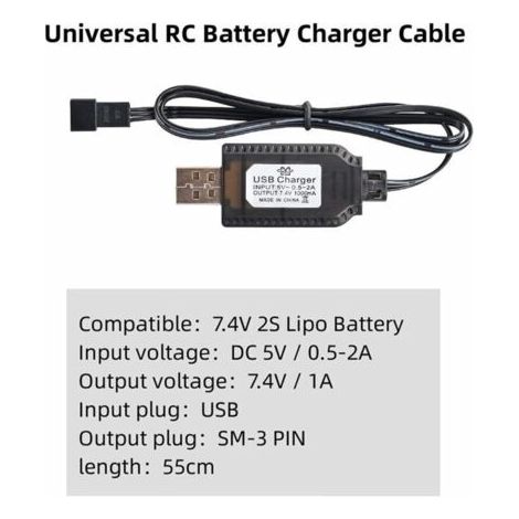 Usb-ladegerät, Universelles Rc-kabel Mit Sm-3p-anschluss Für 2s 7,4 V Lipo-akku, Kompatibel Mit Rc-autos, Booten, Drohnen, Flugzeugen Und Anderen Rc-spielzeugen.