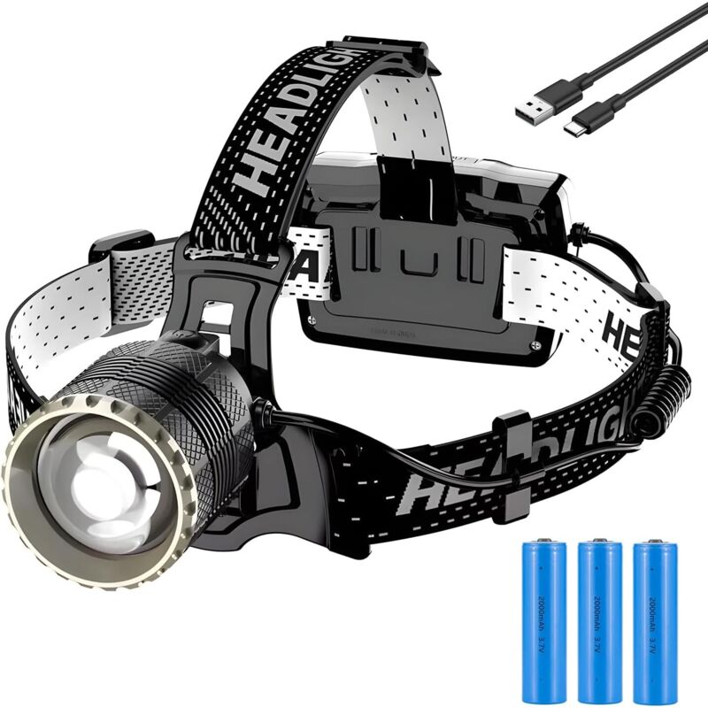 Wiederaufladbare Led-stirnlampe, 4 Modi, Wiederaufladbare Stirnlampe Mit Sensor, 6000-mah-akku, Ip65 Wasserdicht, Zoom, Helmlicht, Camping, Laufen, Angeln