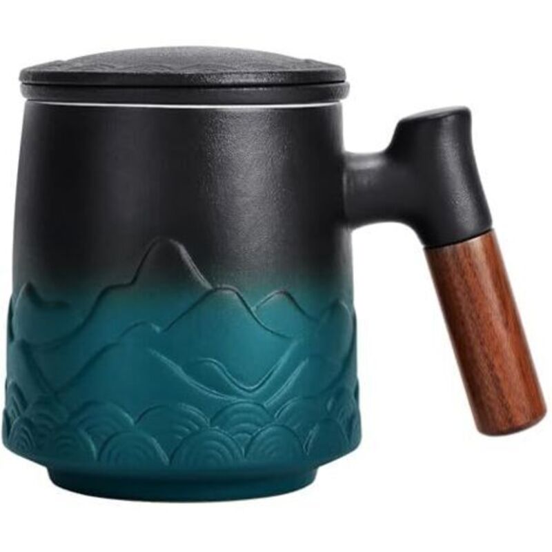 Keramikbecher Mit Filter Und Deckel, Große Aufgusstasse Mit Holzrand, Geschenkbox (vertikal)