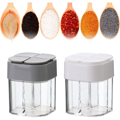Boîtes À Épices De Kitchen, Pots À Épices Transparents, Pots À Épices 4 In 1, Flacons À Épices, Lot De 2 (white Et Gris)
