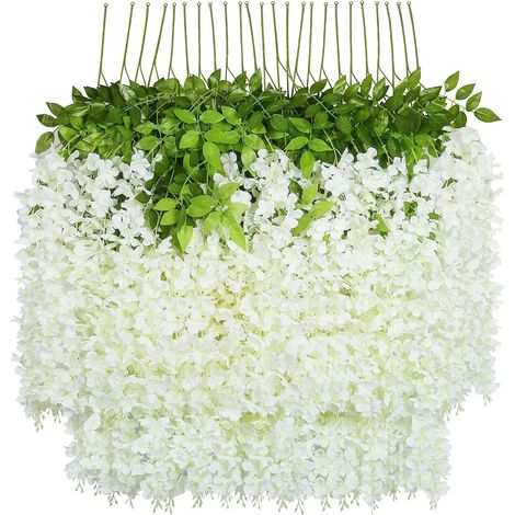 Weiße Künstliche Glyzinien-girlande (24 Stück/100 Cm) Mit Grünen Blättern Und Hängenden Kunststoffblumen – Hochzeits-wanddekoration Aus Kunststoff –