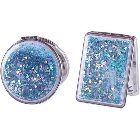Doppelseitige Klappspiegel – Kleine Klappbare Vergrößerungsspiegel – Kompakter Glitzerspiegel – Tragbar – Reise-make-up-spiegel – Blau