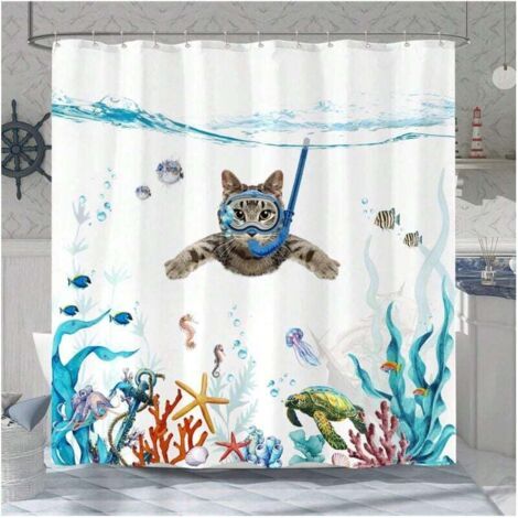 Lustiger Katzen-duschvorhang, Blaugrüner, Wasserdichter Stoff Mit Tiermuster, Oktopus, Seestern, Schildkröte, Anker, Fisch, Nautische Badezimmerdekoration (blau, 180 X 180 Cm).
