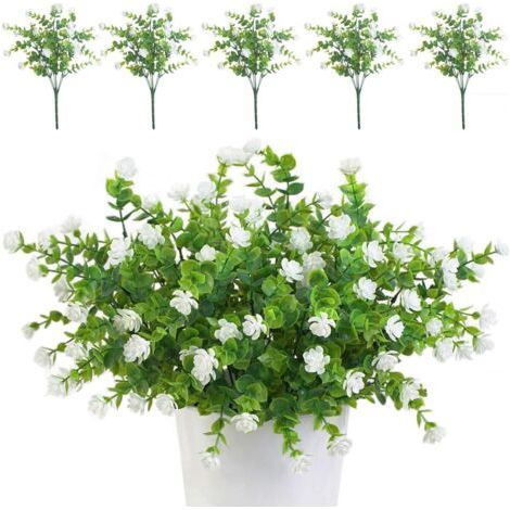 Set Mit 5 Sträußen Aus Uv-beständigen Weißen Kunstblumen Und Grünpflanzen Für Den Außenbereich, Den Innenbereich, Den Balkon, Den Garten, Das Büro, Hochzeiten Und Partys.