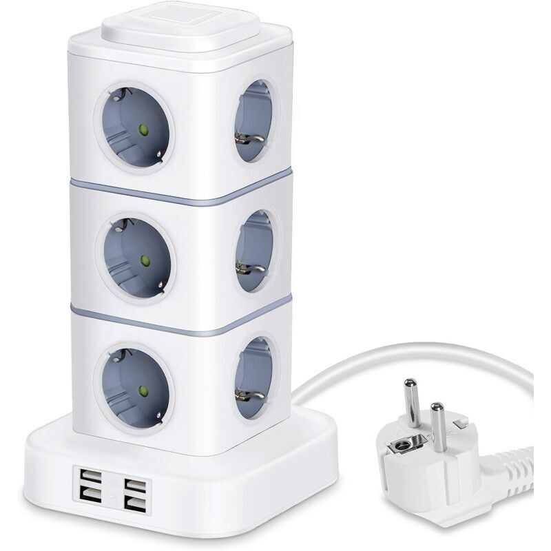 Tour Multiprise, 12 Prises Multiprise Electrique (2500 W / 10 A) Mit 4 Ports Usb, Multi Prises Electriques Parafoudre Multi Prise Verticale Für Maison Bureau, Rallonge 3m