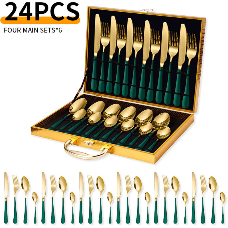 Service Mit 24 Besteckteilen Aus Edelstahl - Für 6 Personen - Mit Box - Edelstahl - Grün/gold