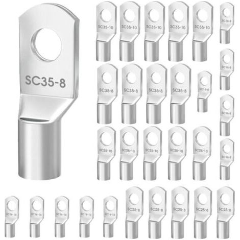 30 Stück 16 Mm² M8 Rohrklemmen 25 Mm² 35 Mm² M10, Kabelschuhe, M8 M10 Nicht Isolierte Rohrklemmen, Runde Elektrokabel Mit Verzinnter Kupferöse Für Marine Automotive Industrial, Silber