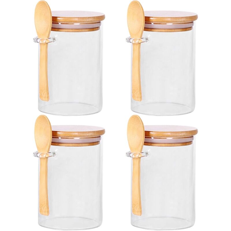 Set Mit 4 Luftdichten Gläsern Zum Konservieren Von Getreide Und Trockenfrüchten, Mit Bambusdeckeln Und Löffeln, Modell.