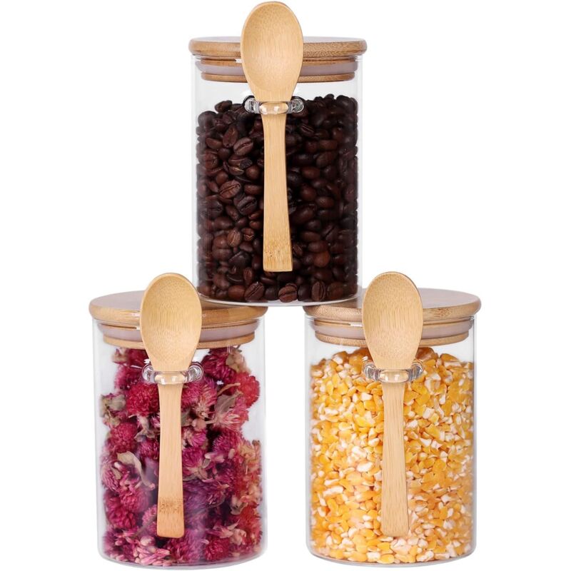 Set Mit 3 Luftdichten Gläsern Zum Konservieren Von Getreide Und Trockenfrüchten, Mit Bambusdeckeln Und Löffeln, Modell.