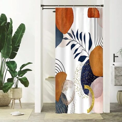 90x180cm Rideau Douche Étroit, Rideau De Douche Terracotta Anti Moisissure Abstrait Feuilles Bleu Petit Rideaux De Baignoire Tissu Lavable Imperméable Rideaux Salle De Bain Mit 6 Häkeln