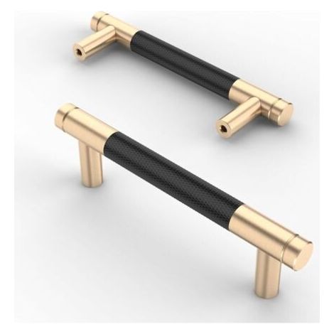 Set Mit 2 96 Mm Mattschwarzen, Gerändelten, Goldfarbenen Möbelgriffen Für Küchenschubladen Und Schränke