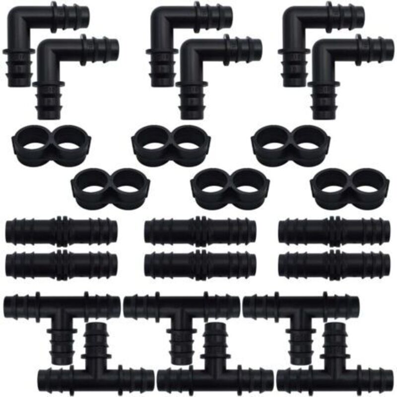 Packung Mit 24 Bewässerungsschlauchanschlüssen – T-anschlüsse, Armaturen, Bögen Und Endkappen Für Gartenbewässerungssysteme, 16 Mm