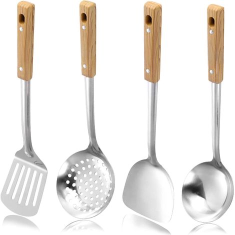 4-teiliges Wok-utensilien-set Aus Edelstahl: Wok-spatel, Abtropfkelle, Schaumkelle Und Schaumlöffel – Kochutensilien Aus Metall