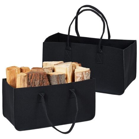 Set Mit 2 Schwarzen Filztaschen Für Lebensmittel, Kaminholz, Zeitungskorb-aufbewahrungstasche, Für Brennholz, 28 Liter, Mit Griffen, Schwarz