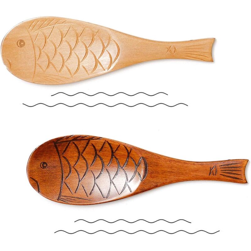Zwei Entzückende Reislöffel Aus Holz In Fischform, Die Leicht Zu Reinigen Sind.
