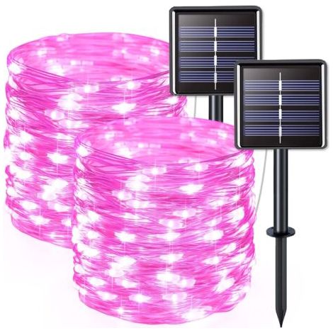2er-pack Solar-lichterketten Für Den Außenbereich, Kupferdraht, Wasserdicht, 7 Meter Pro Lichterkette, 50 Leds (rosa Licht)