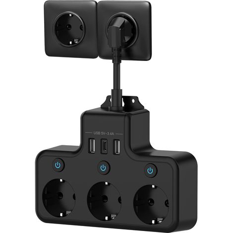 Wandsteckdosenleiste Mit Einzelschaltern, 3 Usb-c-buchsen Und 3 Usb-ladegeräten, Kurzes 0,1 M Kabel, Ideal Für Küche Und Büro, Schwarz.