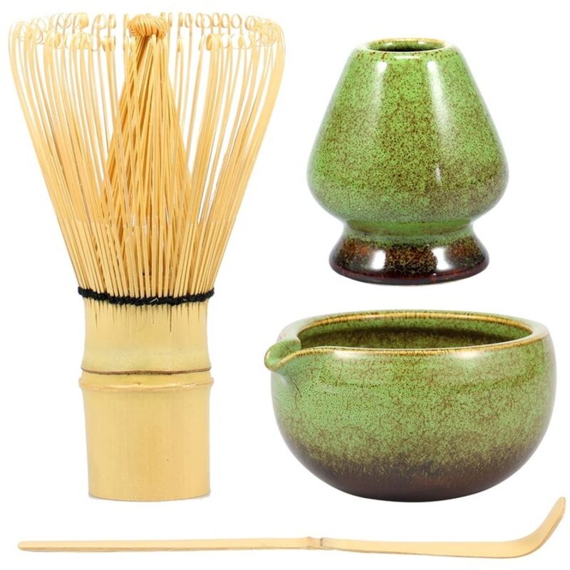 4-teiliges Teeservice, Matcha-set Mit Mehrfarbiger Keramikschale, Bambushalter Und Löffel, Dekoratives Set.