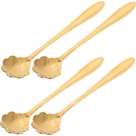 Ein Set Mit 4 Goldenen Teelöffeln – Aus Edelstahl Mit Blumenmuster, Leicht Und Tragbar, Was Sie Ideal Macht