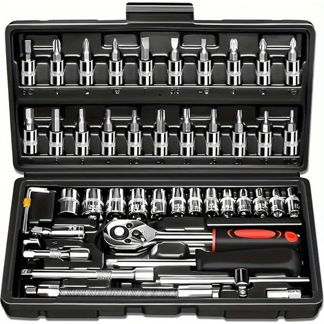 Kit D'Outils De Réparation Automobile 46-pieces: Ensemble Multifonctionnel Incluants Douilles, Clés Et Cliquets.