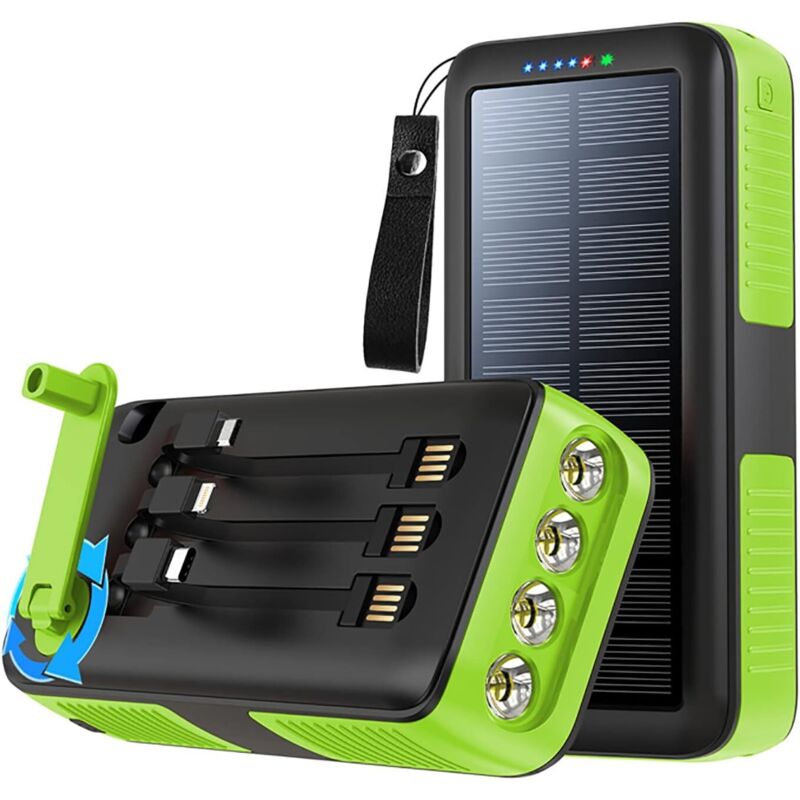 Kompakte Solar-powerbank, Integriertes Kurbelkabel, Kurbelladegerät, Wasserdichte Powerbank, Mergency Led-multifunktions-taschenlampe, Externer Akku, 1 Stück, Grün, 10000 Ma