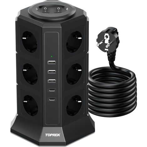 Steckdosenleiste Mit 2 Schaltern, 12 Steckdosen, 3 Usb-a-anschlüssen Und 2 Usb-c-anschlüssen, 4000 W/16 A, Für Heimbüro (schwarz)