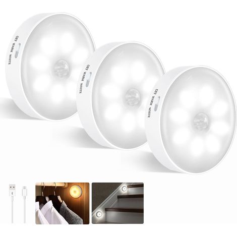Led-bewegungsmelder-lampe, 3er-set, Led-nachtlicht, Kabellos Über Usb Wiederaufladbar, Zweifarbig (weißes Licht + Warmes Licht) [energieklasse F]