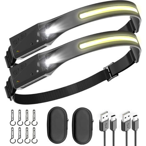 Cob-frontlampe Wiederaufladbar, Légère Étanche Led-frontlampe, 2 Stück Détecteur De Mouvement Super Lumineux, Abstrahlwinkel Bis 230°, 4 Modi 350 Lumen, Für Kinder Erwachsene Camping Randonnée [classe